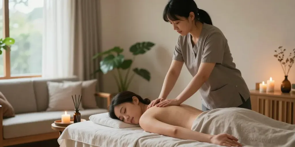 Experience peaceful 인천출장마사지 in a serene home setting with candles and natural light.