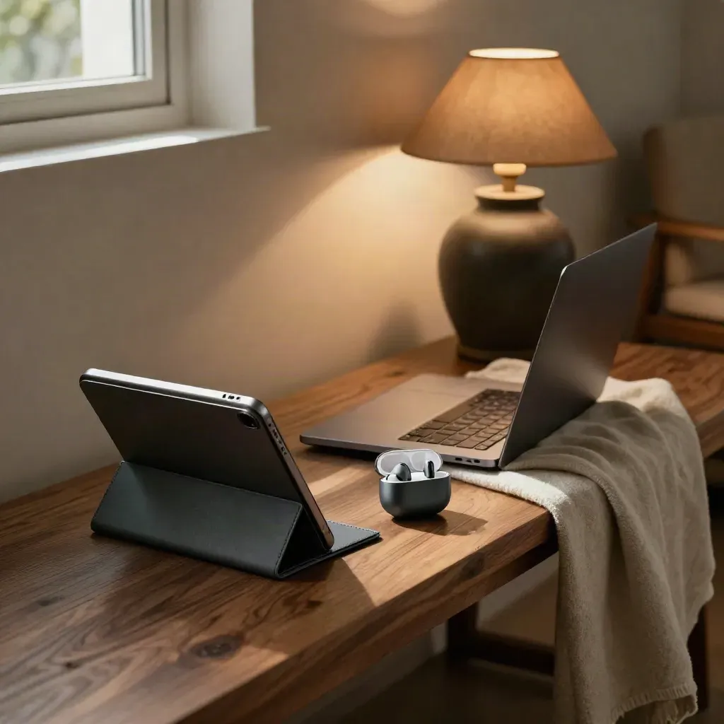 Closed laptop, dark tablet, earbuds, and a throw on a wooden bench by a warm lamp.