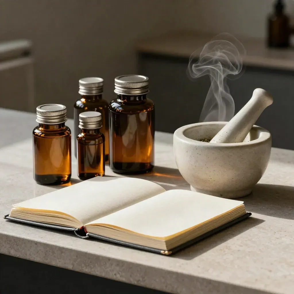 Macro apothecary consult station with jars, mortar, closed notebook, and steaming mug on stone.