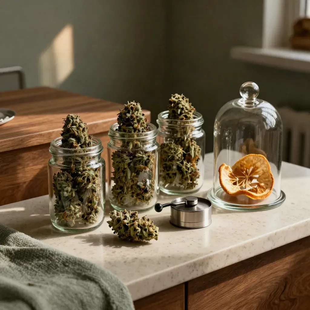 Open jars of cannabis flower with grinder and citrus peel cloche on travertine.
