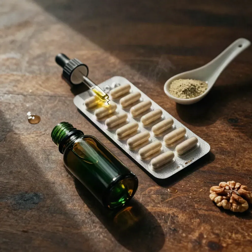 Green tincture bottle, dropper, capsules, and spoon on walnut with soft vapor