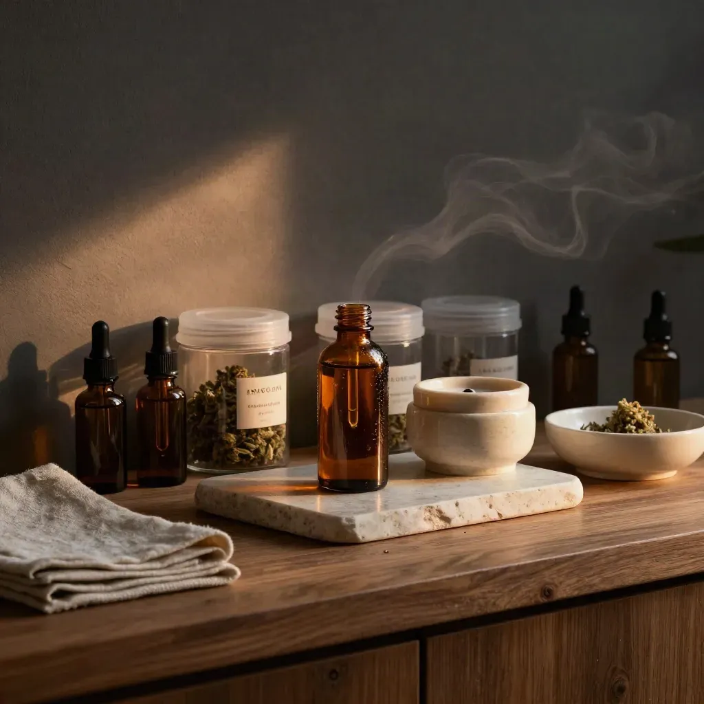 Amber tincture bottles and sealed cannabis jars on a warm wood ledge in moody sunset rainlight.