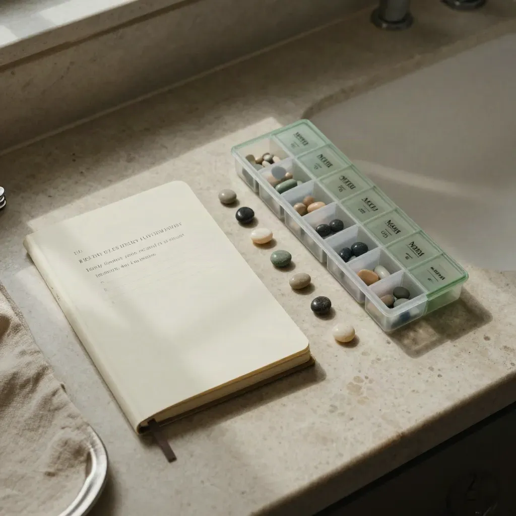 Closed wellness notebook, pill organizer, and stone markers on a limestone vanity