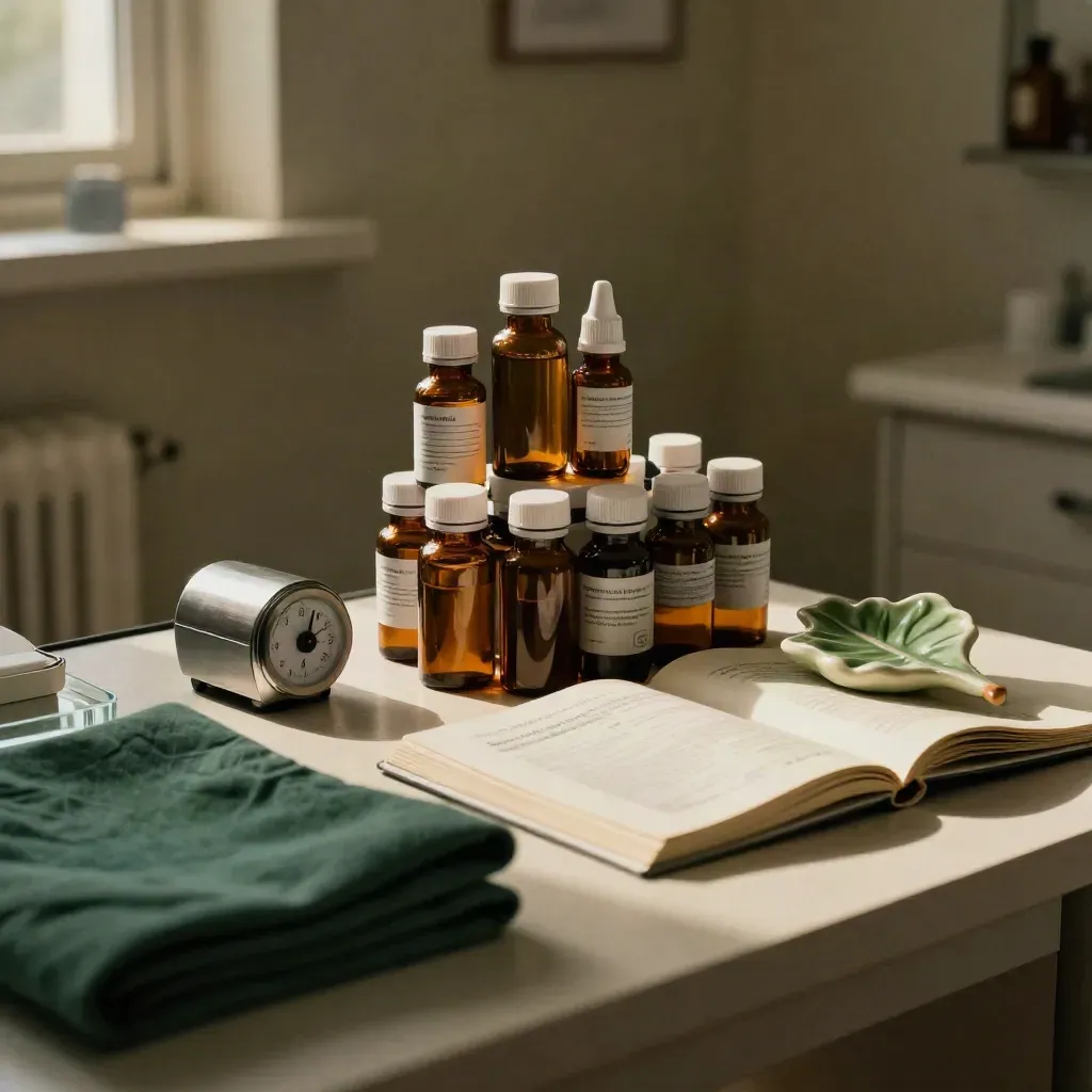 Sample bottles, timer, booklet, and ceramic leaf on pale plaster in warm clinic light.