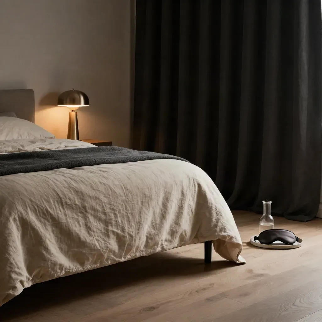 Empty bedroom with made bed, blackout curtains, bedside lamp and sleep mask tray in warm night hush.