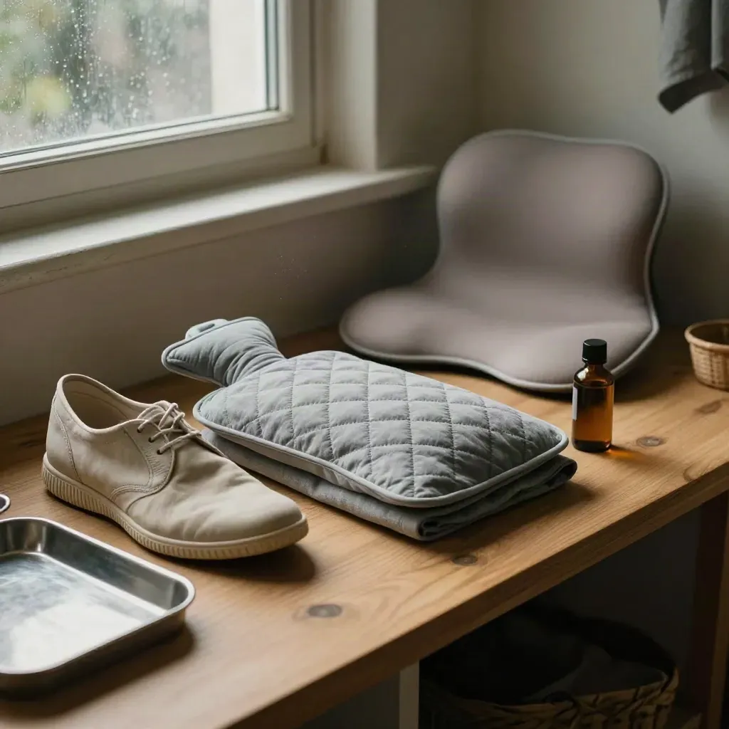Prepared workday kit by a window: shoes, heat pack, lumbar cushion and amber bottle on a bench.