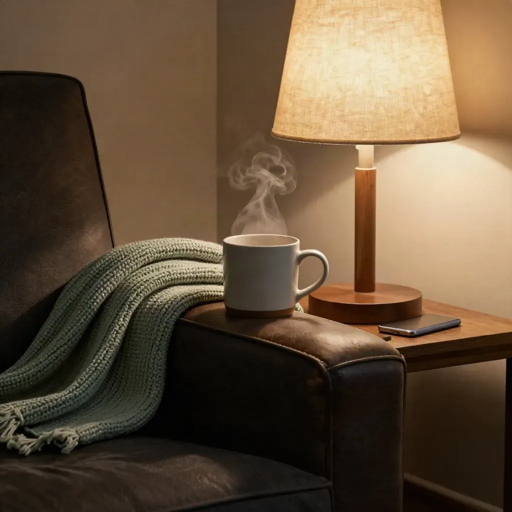Steaming mug, sage throw, dim lamp and face-down phone on a quiet chair arm.