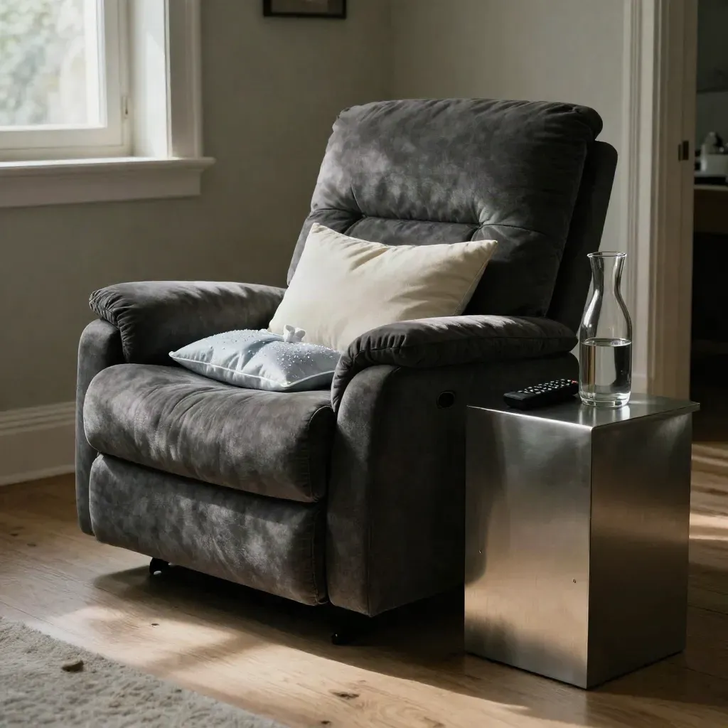 Recliner recovery setup with ice pack, water carafe and remote in a calm room