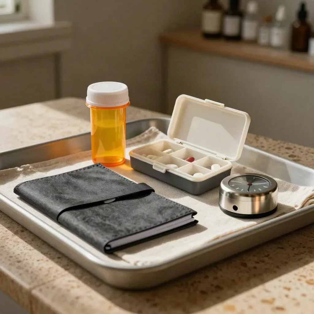 Amber medicine bottle, pill organizer, guide notebook, and timer on a linen tray in warm clinic light.