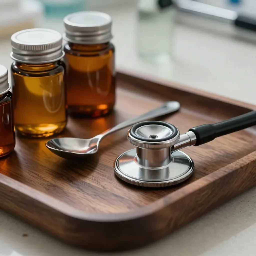 Macro of a stethoscope, amber specimen jars and dosing spoon on a walnut tray in clinical light.