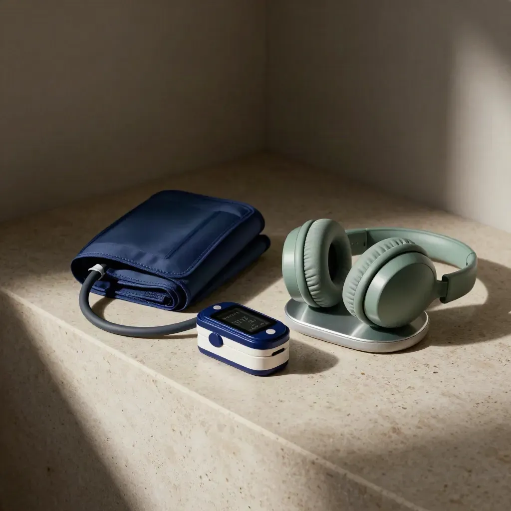 Telehealth nursing kit with blood pressure cuff, pulse oximeter, headset and dock on stone.