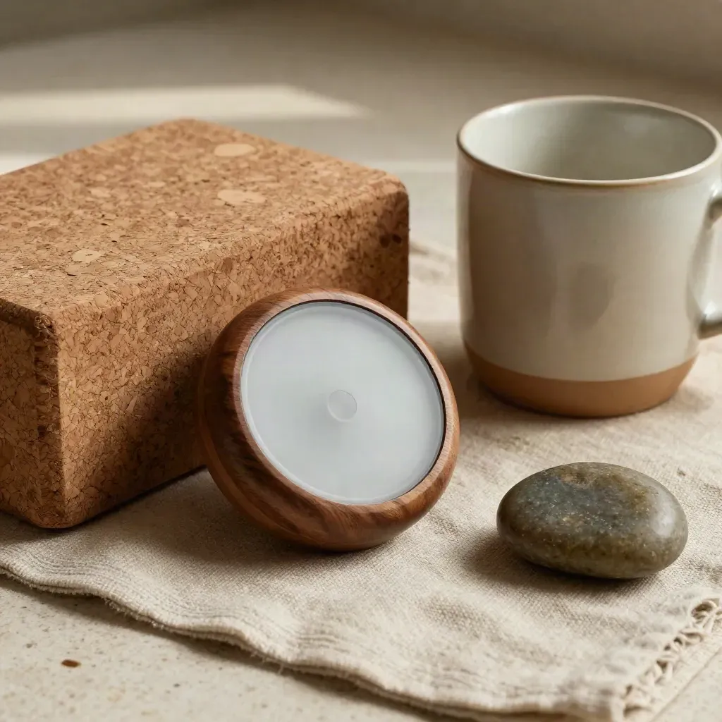 Breathing timer, cork block, cream mug, and worry stone on rumpled linen