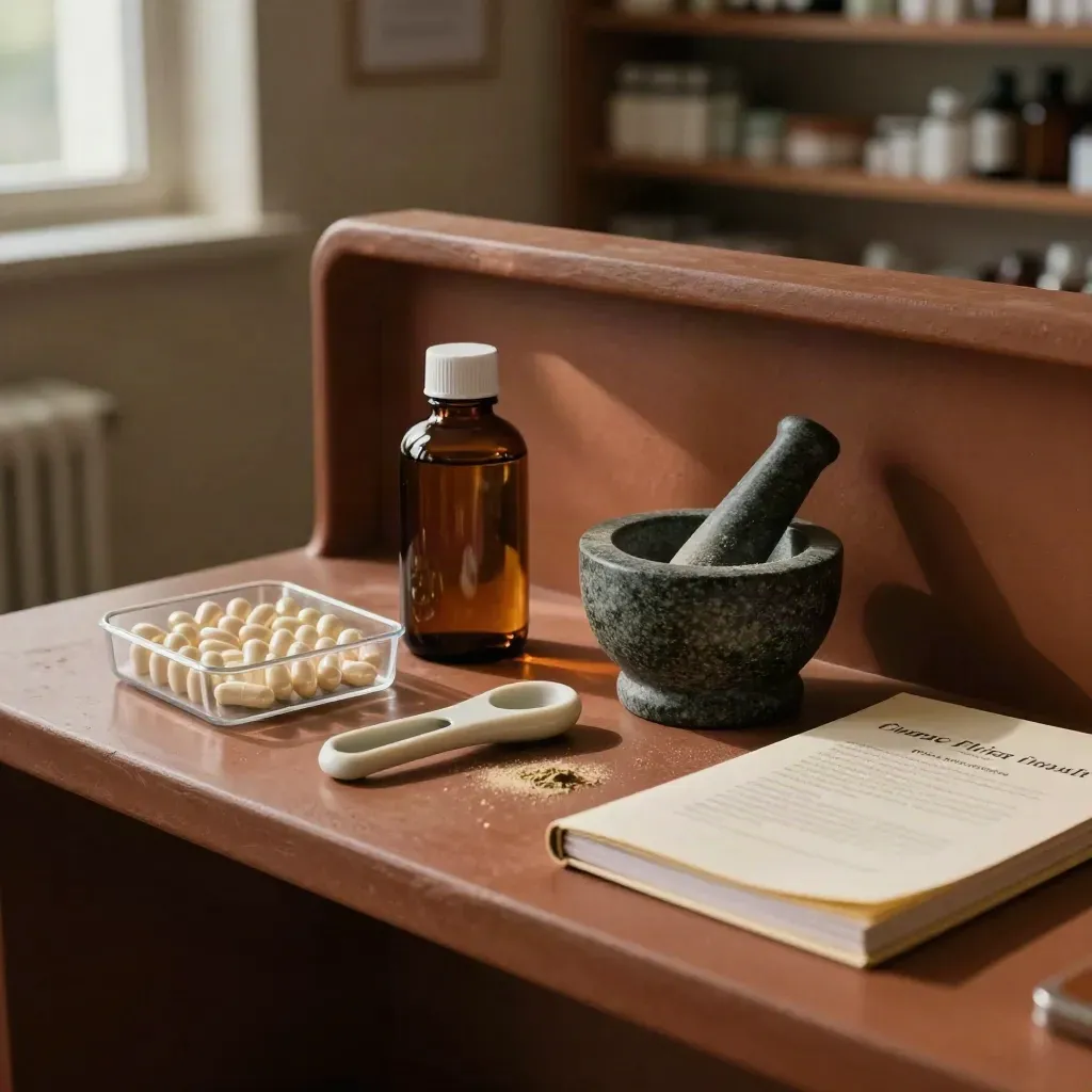 Amber bottle and dispensing tools on a terracotta pharmacy shelf in soft daylight.