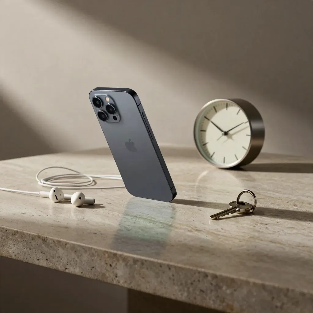 Smartphone, wall clock, earbuds and key ring on stone desk in soft side light