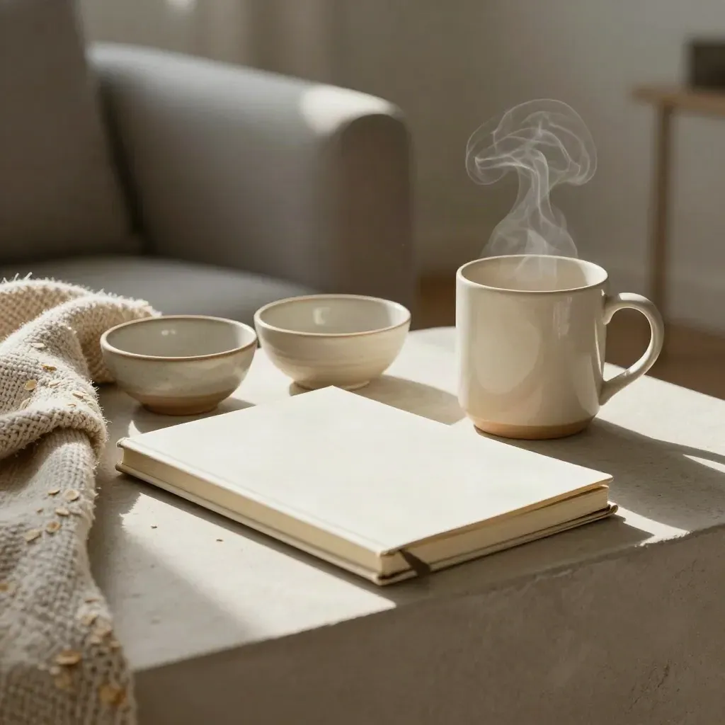 Closed notebook, ceramic bowls, folded blanket, and steaming mug on a plaster ledge