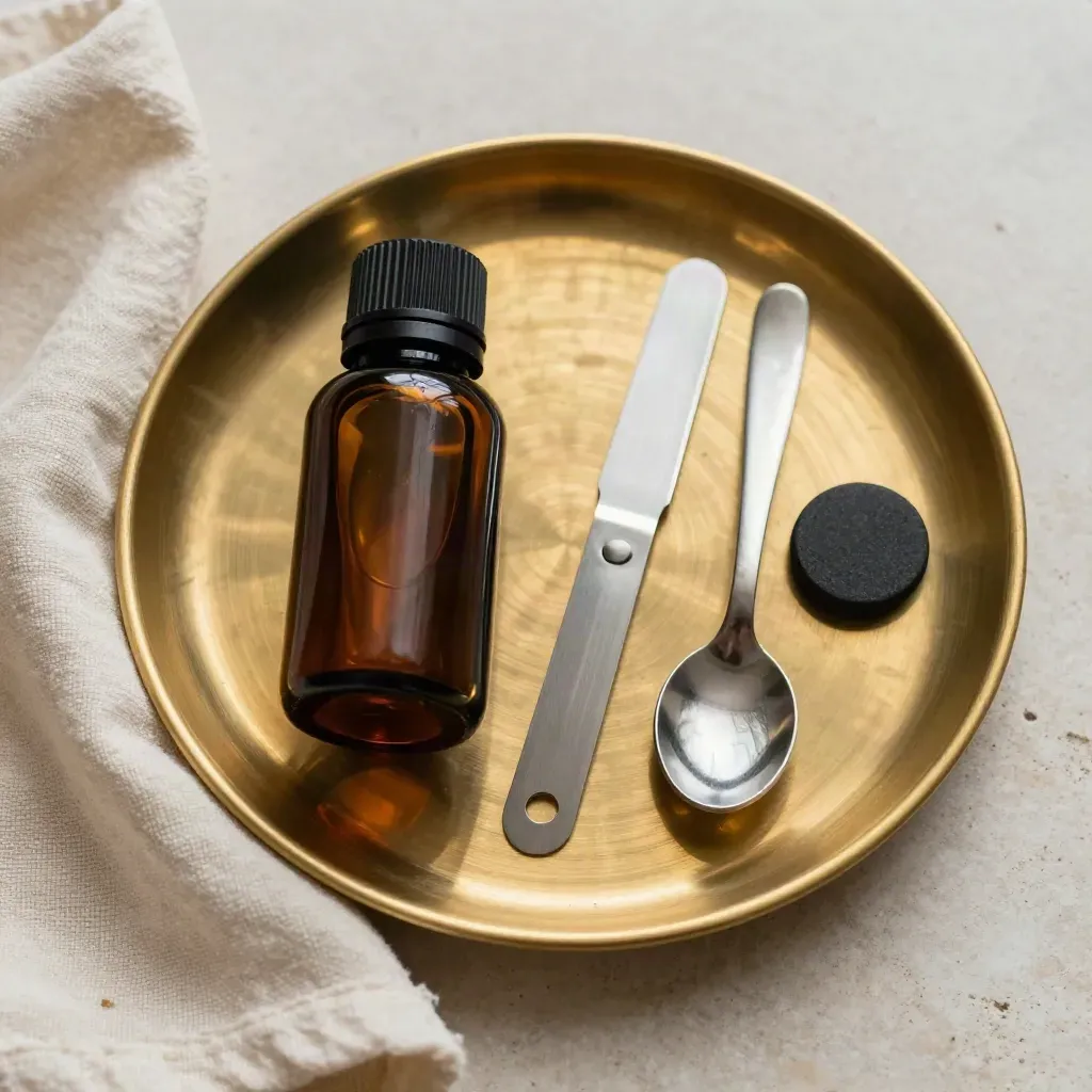 Overhead still life of cannabis consultation tools on a brass tray with soft linen.