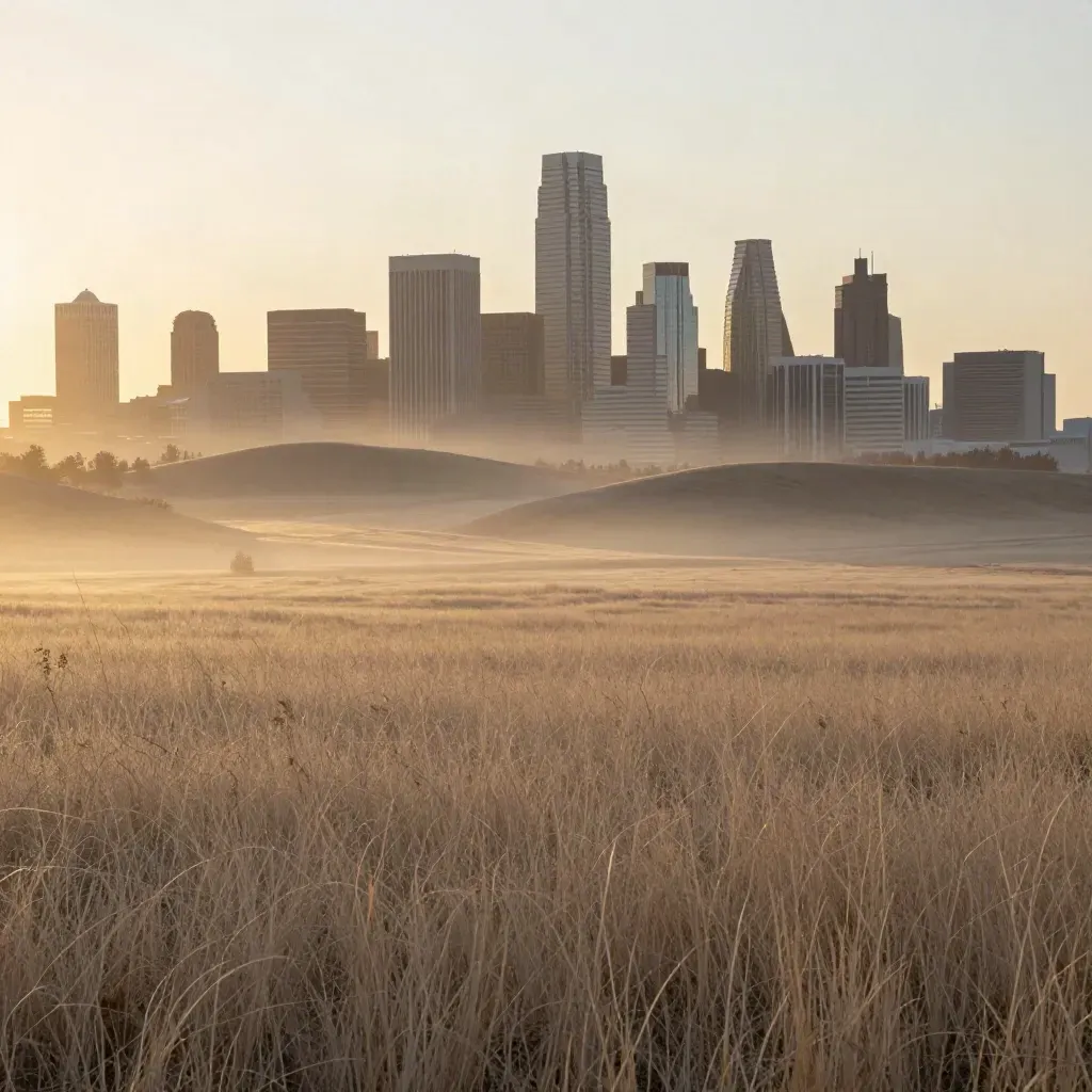 Denver skyline glowing through sunrise haze above calm prairie grass and low foothills.