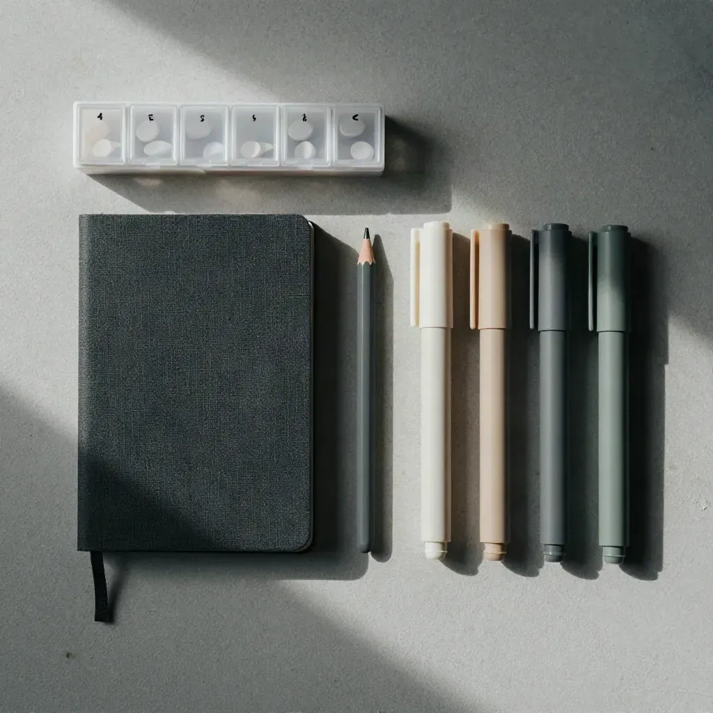 Overhead flatlay of a pill organizer, closed logbook, pencil, and markers on pale plaster.