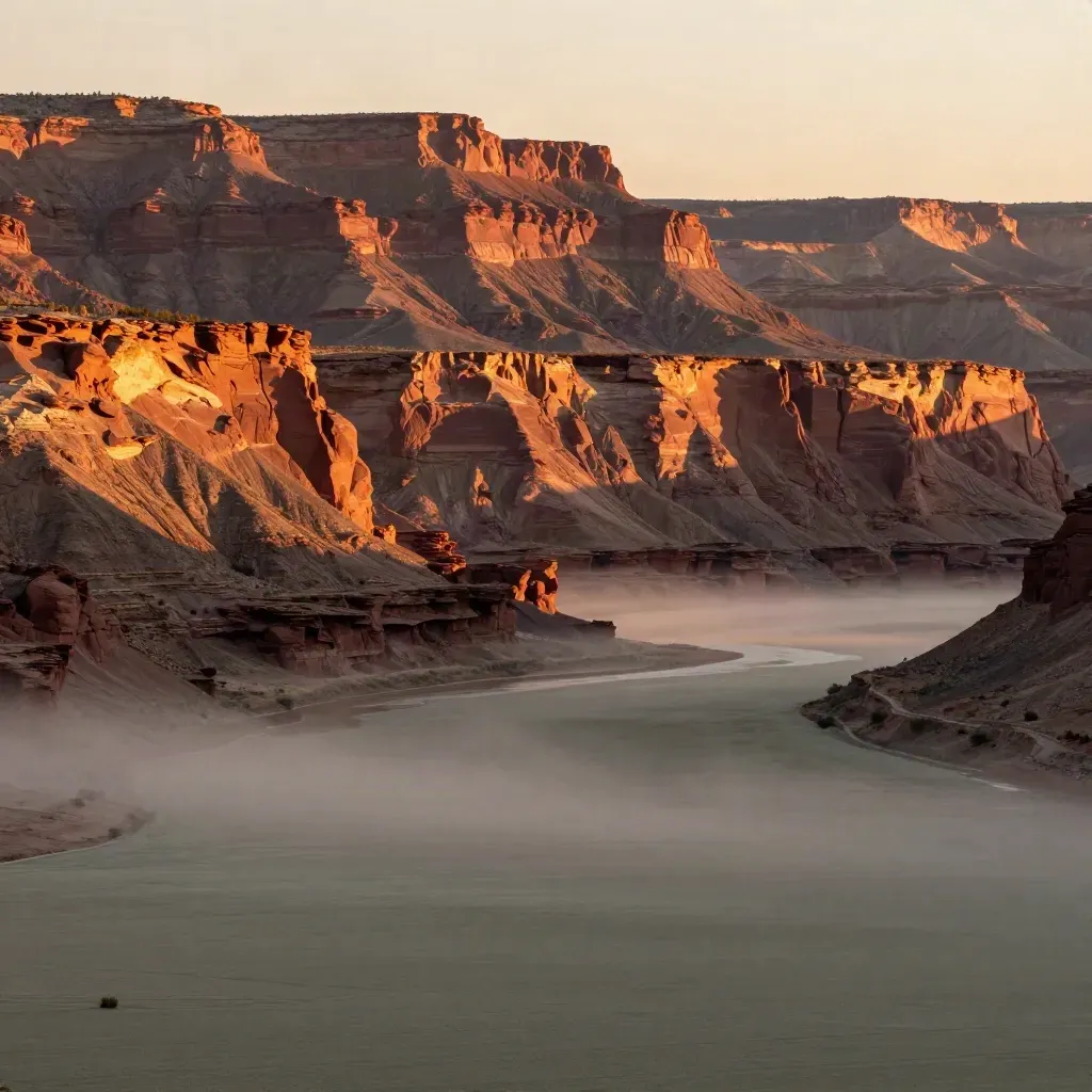 Book Cliffs and a red mesa plateau glowing over a hazy river valley at sunset