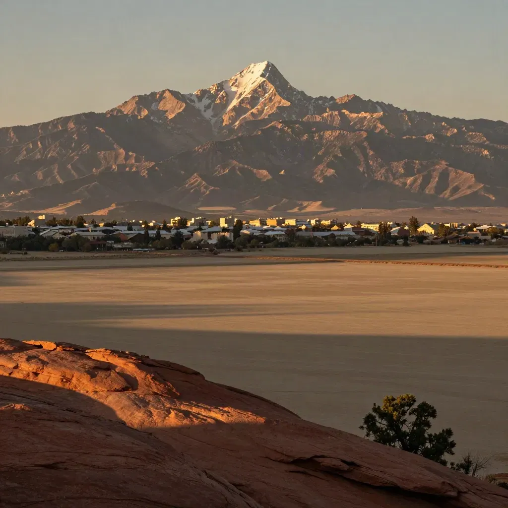 Pikes Peak above red rocks and hazy Colorado Springs foothills in warm late-day light