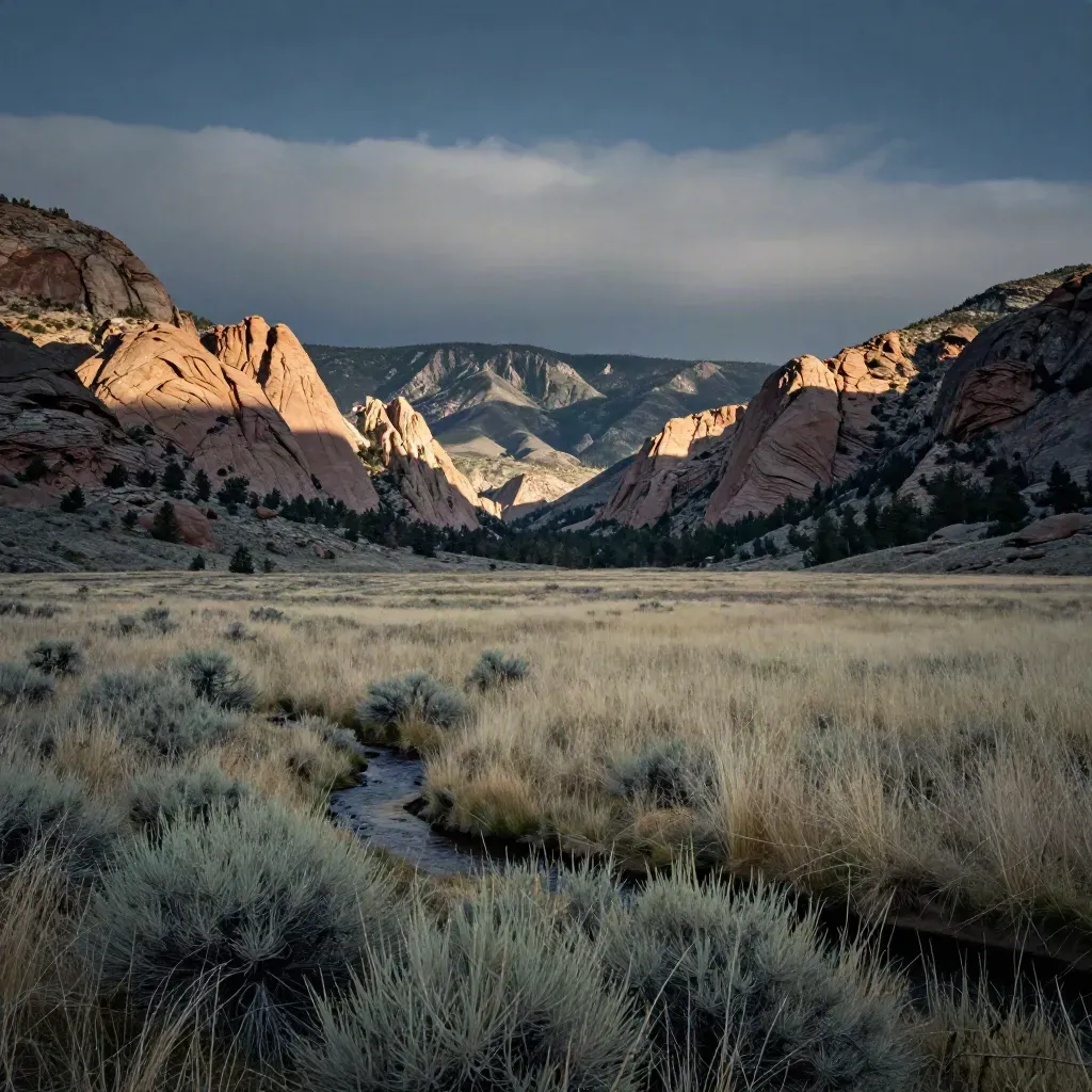 Flatirons above a quiet meadow in morning haze, with soft cloud bands and warm light.