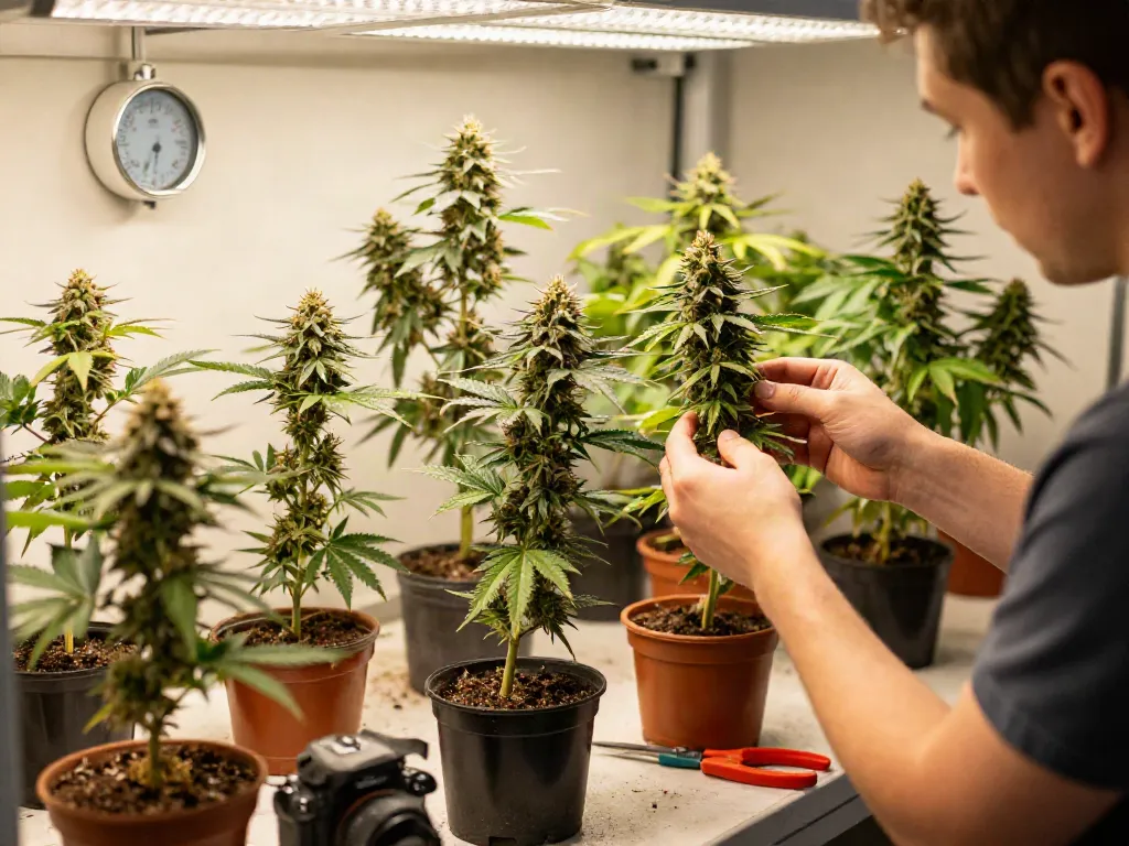 Fast-flowering cannabis seed varieties showcased in an indoor garden setting with vibrant plants and a grower inspecting their health.