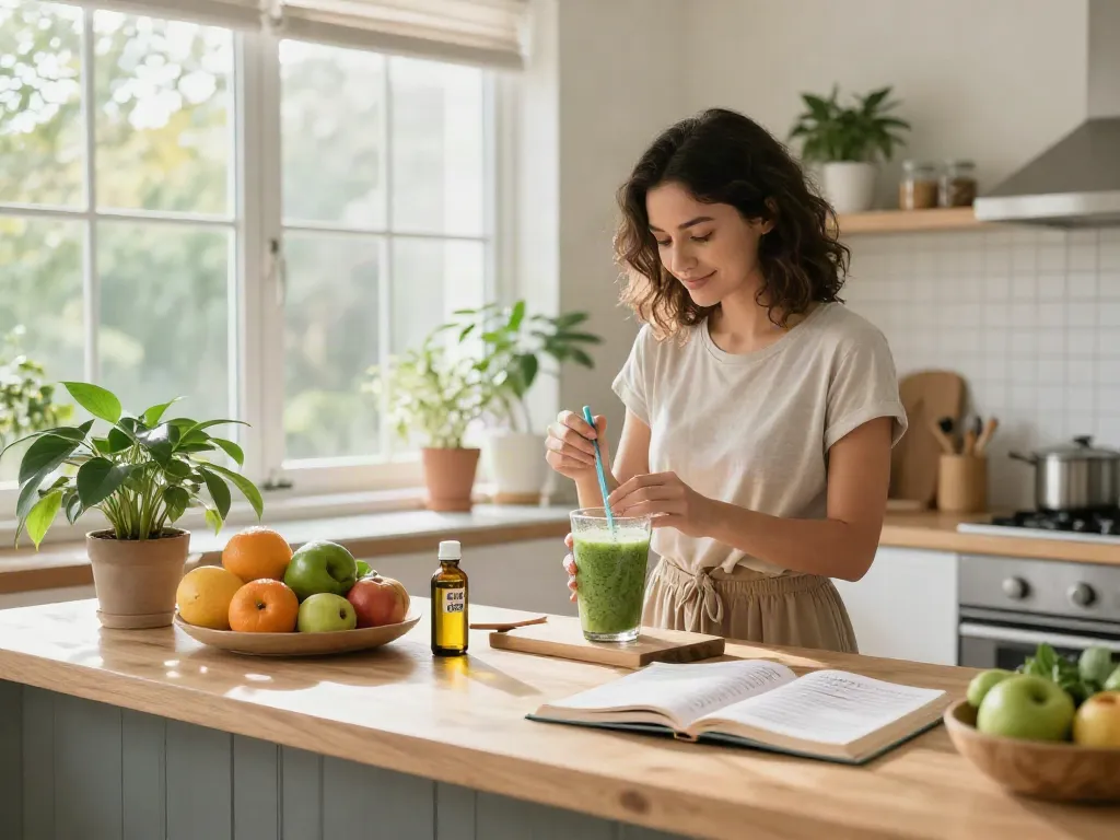 Buy weed online for natural wellness with CBD oil, fresh fruits, and hemp-infused smoothie in a bright kitchen.